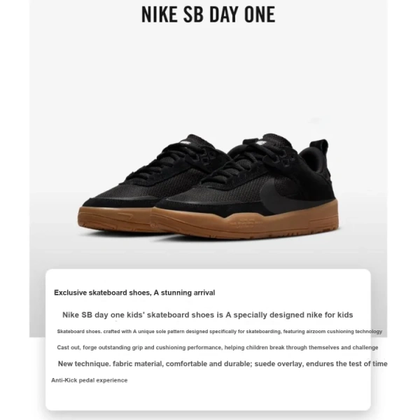 Nike SB DAY ONE Замша Устойчивая к истиранию Дышащие Низкие Кеды для Детей Лайфстайл Черные Унисекс