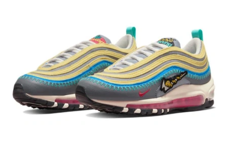 Nike Air Max 97 Устойчивые к истиранию Амортизирующие Низкие Кроссовки для Беговых Занятий Детские Серые Желтые