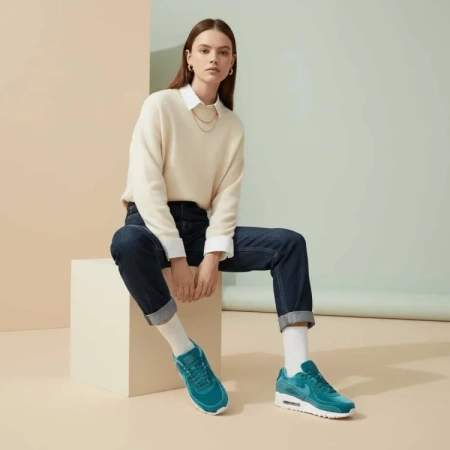 Nike Air Max 90 Раздельная замша Низкий топ Повседневные беговые кроссовки Женские Озерный зеленый