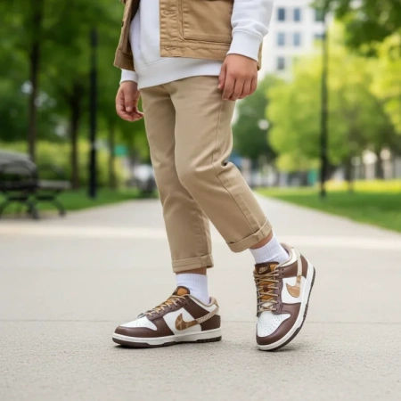 Nike Dunk Кожа Устойчивая к истиранию Низкие Детские Скейтбординги Белый-коричневый