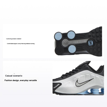 Nike Shox R4 Low Топ Повседневные Беговые Кроссовки Мужские Серебристо-Черные Синие